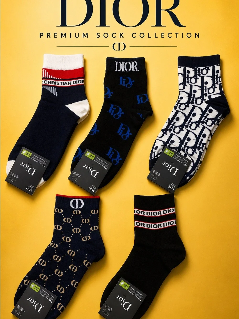 Dior Men’s Assorted Logo Crew Socks - Navy, Black & White with Red Trim